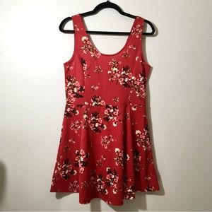 Red Floral Stretchy Skater Dress with Scoop Neck